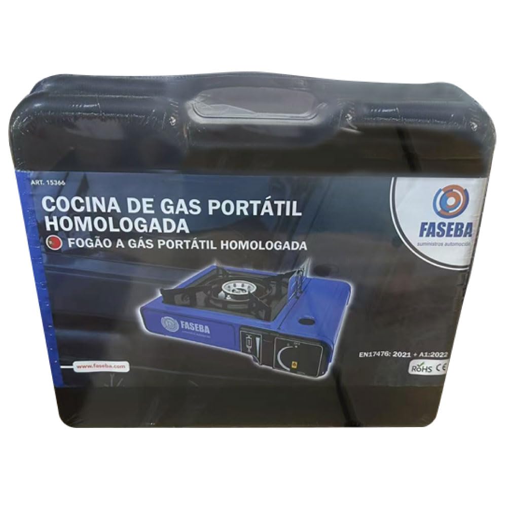 Hornillo camping gas portatil y 4 cartuchos de gas butano BTN 250 FASEBA. Cocina homologada, ideal para camping y uso en exteriores.