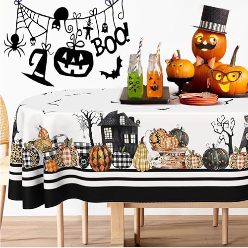 Oval Halloween Tablecloth 60x84", Horror Pumpkin Castle Skull