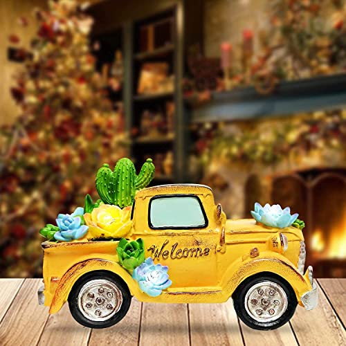 Asawasa Solar Car Garden Statues And Sculptures Outdoor Decor, Garden Figurines With Solar Led Light For Patio,Lawn,Yard Art Decoration, Housewarming Garden Gift,5.3X9.7X5.5 Inch(Yellow) #TOP1