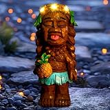 Solar Tiki Girl Garden Statues Tiki Lady Statue Holding Pineapple Figurine with Flower LED Lights for Tiki Bar Porch Patio Yard Outdoor Decorations Christmas Birthday Gardening Gift for Mom Women