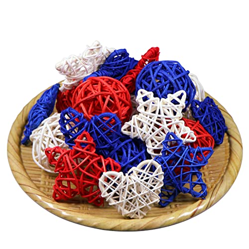 Stmk 36 Pcs 4Th Of July Star Round Heart Sharp Rattan Balls Decorations, 2 Inch Red White And Blue Star Round Heart Sharp Wicker Balls Decorative For 4Th Of July Vase Bowl Filler Decor #TOP3
