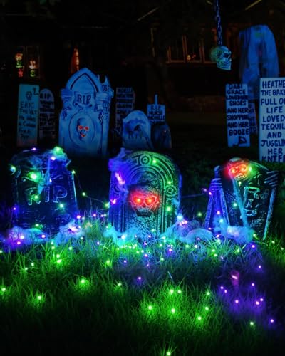 KALAHOL Halloween 3D Tombstones Decoration with 6 Lights(3 Purple and 3 Green), with Spider Web and Spider Accessories, Halloween Lights for Grave, Outdoor Decoration, Garden, Party - Image 5