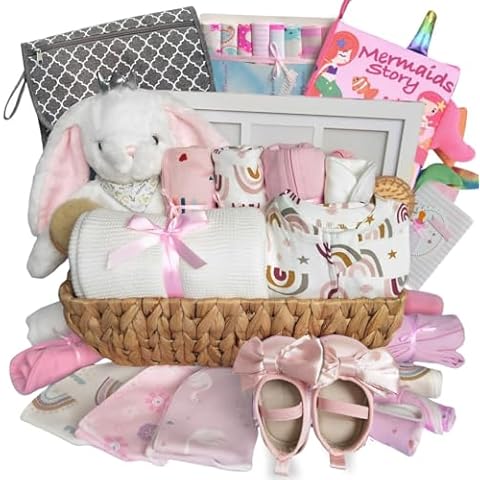 Adorable Baby Girl Gift Basket Include 36 Pcs Newborn Essentials, Baby Shower Gender Reveal Gifts,Baby Books Blanket Footie Pajamas Portable Diaper Changing Pad,Baby Gift Basket for Girls,Large,Pink Cover