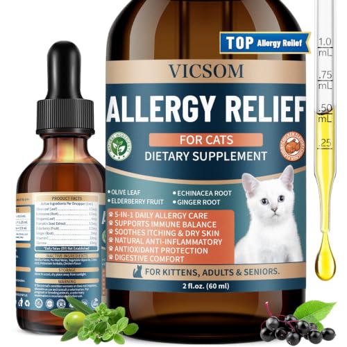 Cat Allergy Relief for Cats Seasonal Skin Allergy Relief for Cats Itchy Skin Paws Eyes Ears Stop Licking & Scratching Calms Dry Skin Matted and Shedding Fur Cat Immune Support 60ml