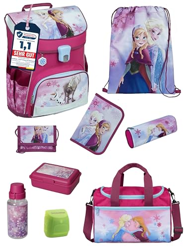 Familando Mädchen Schulranzen 1. Klasse · Scooli Campus Fit Schultasche (9-teiliges Set mit Sporttasche, Disney Eiskönigin Frozen Rosa)