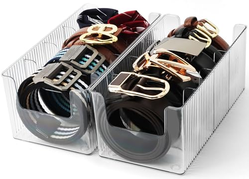 AUOIKK Acrylic Belt Organizer - 2 Pack with Adjustable 4 Compartments & Stackable Design, Clear Storage for Closet and Drawer Organization
