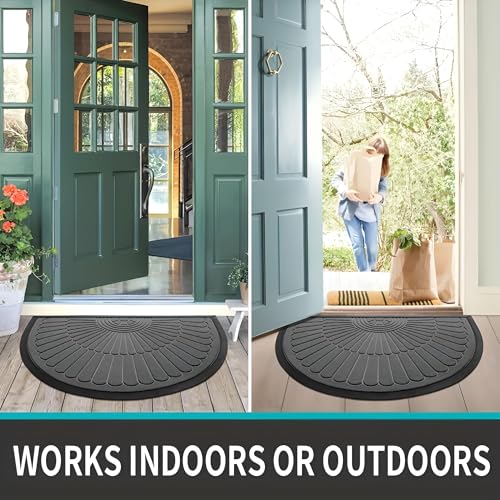 Image of Semicircular Durable Rubber Non Slip Front Door Mat for Outside Inside Entry Entryway | Dirt Trapper Welcome Mat for Muddy Paws and Shoes, Grey, 45x75 cm