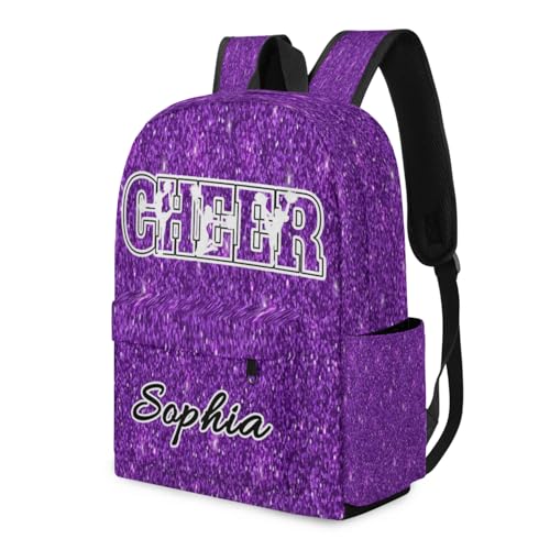 Personalized Cheer Backpack Bag for Women, Custom Large Capacity Shoulder Bags, Waterproof Cheerleaders Casual Daypack, Purple Glitter3