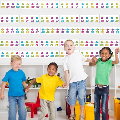 Image of Whaline 32 Pcs Retro Number Line Bulletin Board Rainbow Color Smile Face Number Line Boarder Strips Math Borders for Back to School Home Classroom Wall Decor