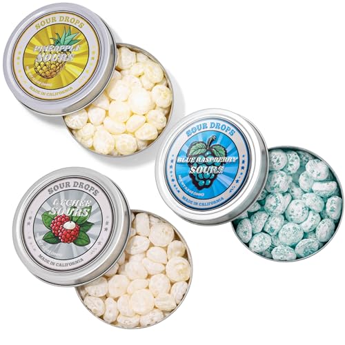 Sour Drops - Small Batch Assorted Fruit Sours - 3 Flavor Variety Mix - No Artificial Dyes, Vegan & Gluten Free - 3 Gift Tins (100g Each)