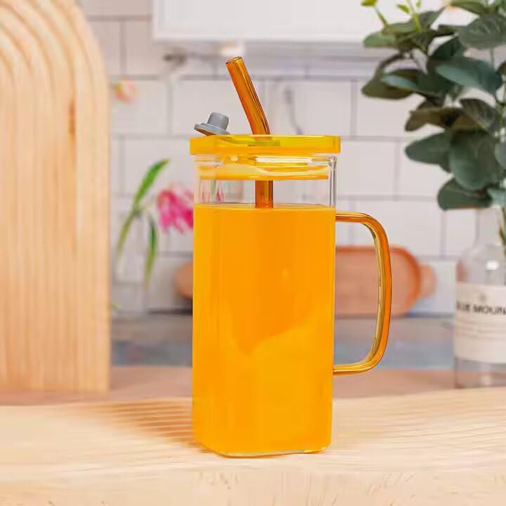 Image of 400ml Square Glass Sipper Tumbler with Lid & Straw - Reusable Can-Shaped Mug for Tea, Coffee, Juice, Milk, Fruit Drinks - Cute Glass Cup for Home, Office - Random Colour - Pack of 1