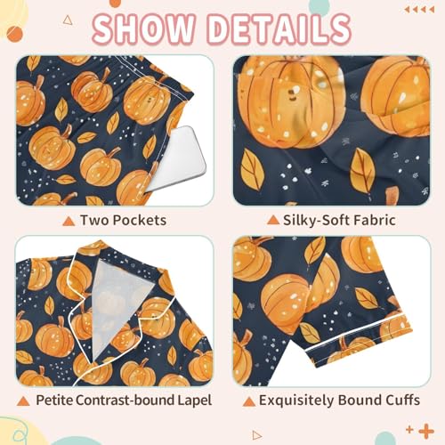 Thanksgiving Pumpkin Fall Leaf Pajamas Set Soft Satin Pjs Sets 2 Piece Short Sleeve Sleepwear Casual Loungewear3