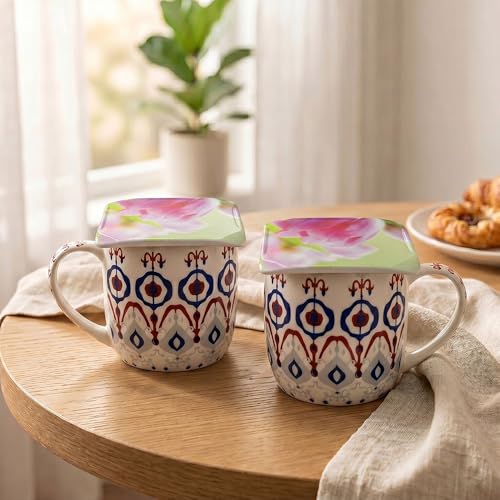 Image of U.P.C. Premium Bone China Ceramic Coffee Mug Set of 6 with 6 Coasters | Designer Tea & Coffee Cups |Printed Ceramic Mug Set | Tea Cups for Home,Office