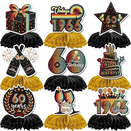 Hokinaa Vintage 60th Birthday Decorations - 9 Pcs Retro Sunset Party Paper Table Honeycomb Centerpieces, Happy Cheers to 60 Year Old Back in 1966 Bday Photo Booth Props Decor Supplies for Men Women