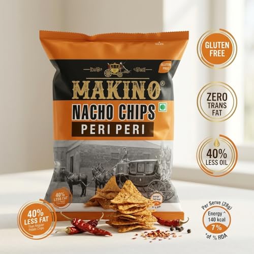Image of Makino - Nacho Chips Peri Peri Flavour 150 Gram | Tortilla | Healthy | Tasty Savoury Snack | Delicious Nacho Chips | Low Calorie - Pack Of 3