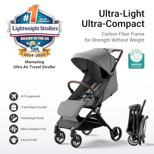 Image of Mamazing Ultra Air Lightweight Baby Travel Stroller with Carbon Fiber Frame | Compact & Airplane-Friendly, One-Handed Fold, 11.6 lbs, UPF50+ Canopy, Under-Seat Basket, Organizer & Cushion Included, Grey
