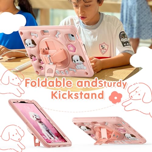 Image of ProElite Cover for iPad Air 11 M4 /M3 /M2 2026 /2025 /2024 / Pro 11 4th /3rd Gen /Air 5 /4 Gen 10.9 inch Case, Tough Bubble Kids Case with Pencil Holder with Rotating Kickstand & Shoulder Strap, Pink