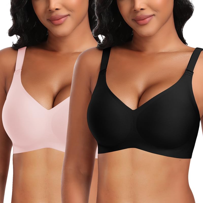 Image of DOCUMO Wireless Bras for Women No Underwire Seamless Push Up Bras with Support and Lift, V Neck Bralette with Bra Extender