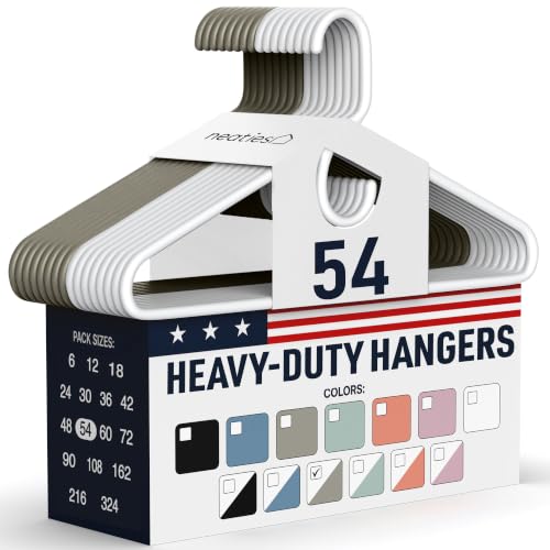 Neaties Heavy Duty Clothes Hangers 50 Pack (54 Count) – Made in the USA – 8lb Capacity Plastic Hangers for Adult Clothing – Durable for Pants, Coats, Jackets, or Jeans – White & Gray