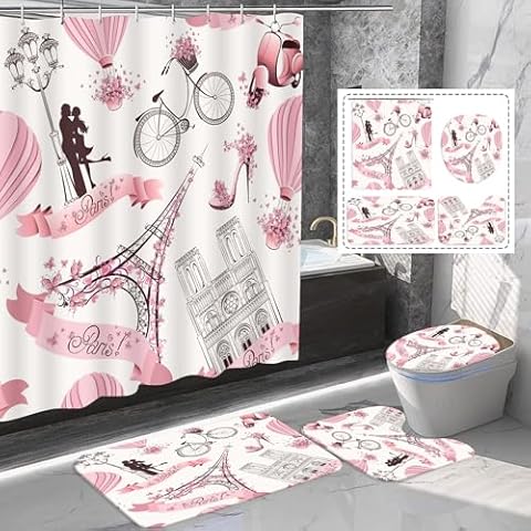 Amagical 4PCS Pink Paris Eiffel Tower Decor Bathroom Mat Set Shower Curtain Set, Girl Woman Paris Tower with Flowers Romance Lover Hot Air Balloon Bike Bath Mat Contour Mat Toilet Cover Cover