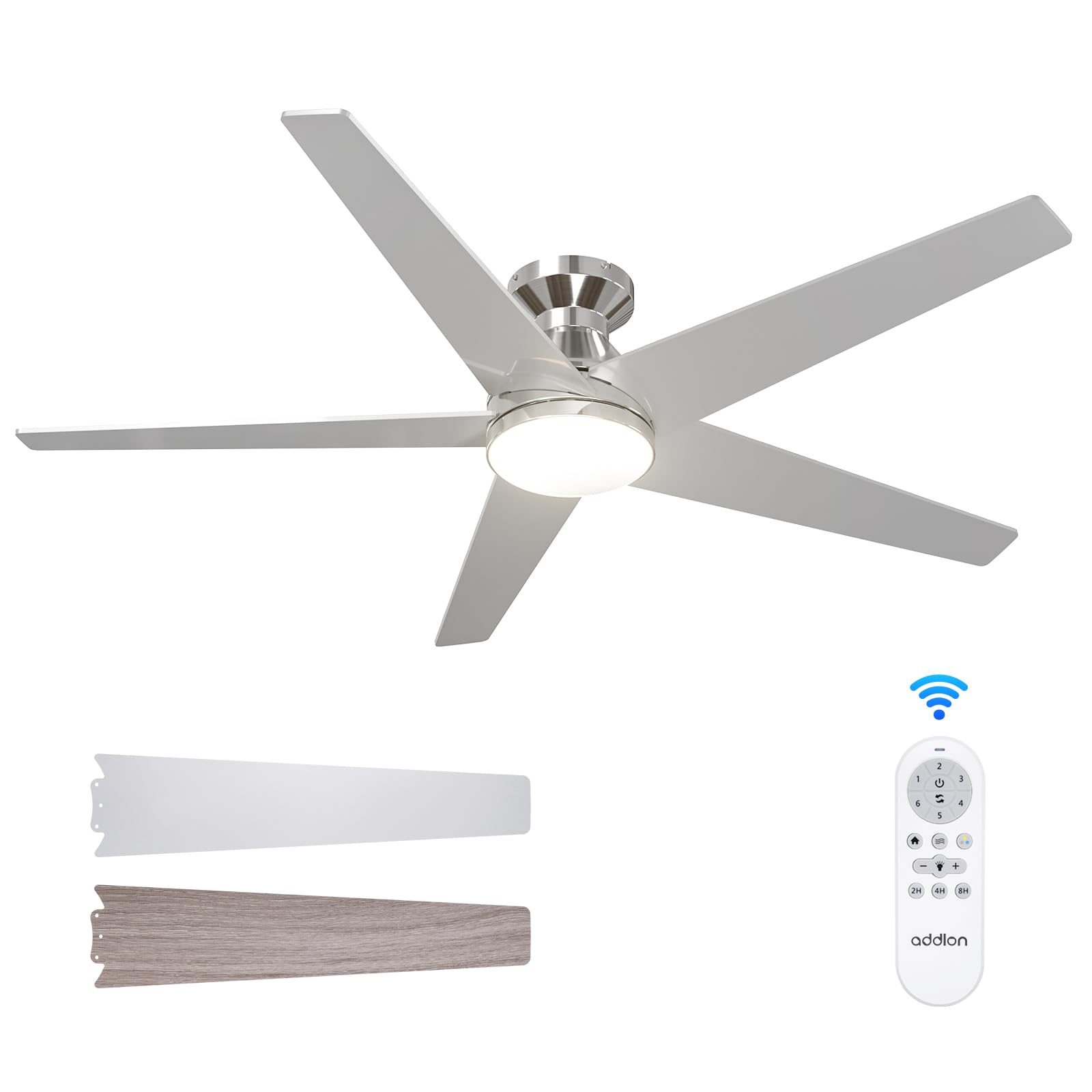 addlon Ceiling Fans with Lights, 52 inch Low Profile Ceiling Fan with Light and Remote Control, Flush Mount, Reversible, 3CCT, Dimmable, Noiseless, Nickel Ceiling Fan for Bedroom, Indoor/Outdoor Use SIMILAR TO LOT PHOTO