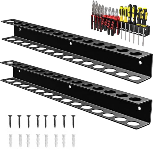 2 Pièces Support Tournevis avec Tubes Expansion & Vis, 14 Trous Organisateurs Outils Muraux pour Garage, Atelier, 40cm Étagère Murale Rangement Outils Mural pour Pinces, Clés, Marteau (Noir)
