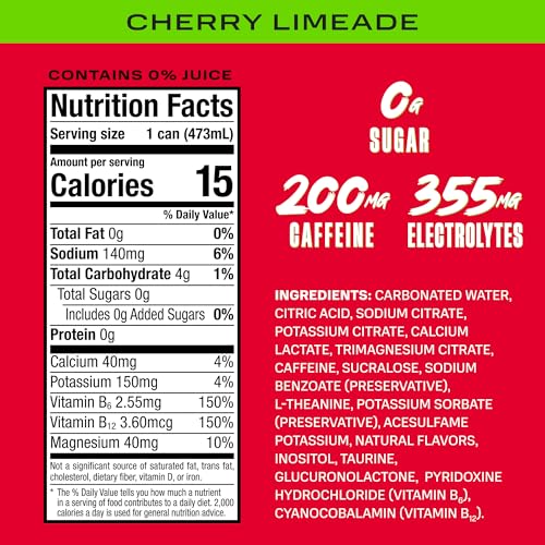 Image of PRIME Energy CHERRY LIMEADE, Zero Sugar Energy Drink, 200mg Caffeine and 355mg of Electrolytes for Hydration, Vegan, Gluten Free,16 Fluid Ounce, 12 Pack