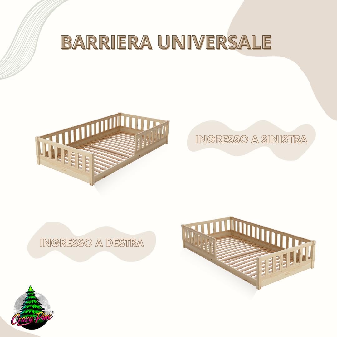Letto per Bambini 190x90 cm – Letto Montessori a Pavimento in Legno Massiccio con Barriera – Sicuro per Bambini Piccoli – Design Scandinavo - Crazy Basic
