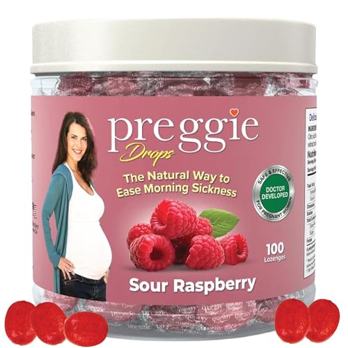Image of Preggie Pop Drops Plus with Vitamin B6 for Pregnancy Nausea Relief, Morning Sickness Candy with Essential Oils for Pregnant Women – Sour Raspberry, 100 Count
