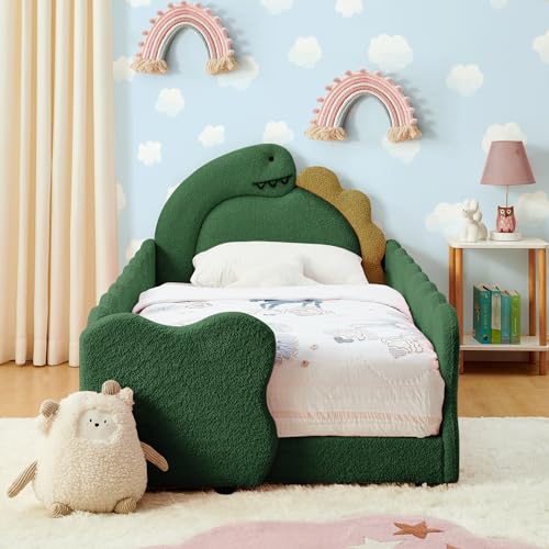 KEIKI Twin Size Upholstered Platform Bed Frame with Cute Dinosaur-Shaped Headboard for Boys and Girls Boucle Bed with Thickened Guardrail and Slats No Box Spring Required Easy Assembly Green