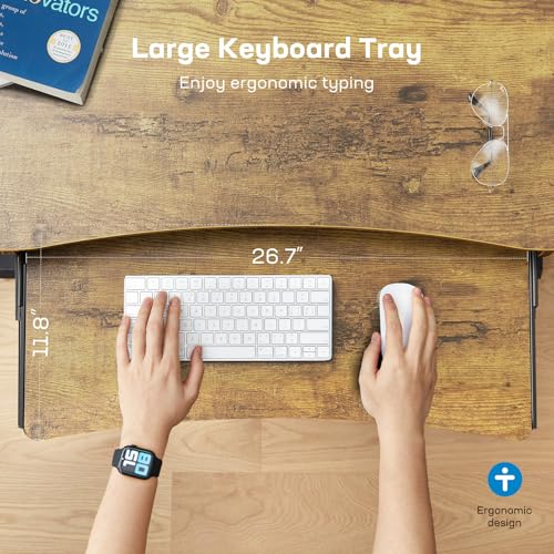 Image of HUANUO 55 inch x 26 inch Electric Standing Desk with 2 Drawers & 26.7 inch Large Keyboard Tray, C-Clamp Mount Compatible, Adjustable Computer Desk for Home Office, Stand Up Desk with 4 Height Presets, Vintage
