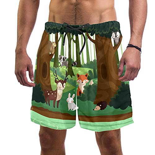 Concepto del ecosistema del bosque con animales encantadores trajes de baño playa surf pantalones cortos para hombres L, multicolor, Large-X-Large
