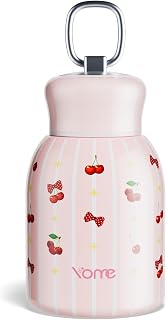 YOME 10oz Stripe Cherry Pink Insulated Mini Water Bottle with Lid & Lifting Loop for Women | Small Stainless Steel Cute Tumbler | Keeps Drinks Cold | Lightweight Gift Cup| Fits in Purse or Pocket