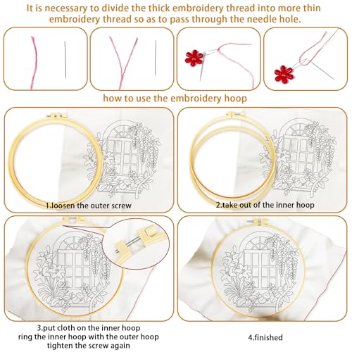 Image of BEUNITONE 6 Set Flowers Embroidery Kit for Beginners Vintage Garden Scene Pre-Stamped Pattern, Needlepoint Kits for Adults Beginners, DIY Handmade Embroidery for Home Decor and Gifts 20x20cm