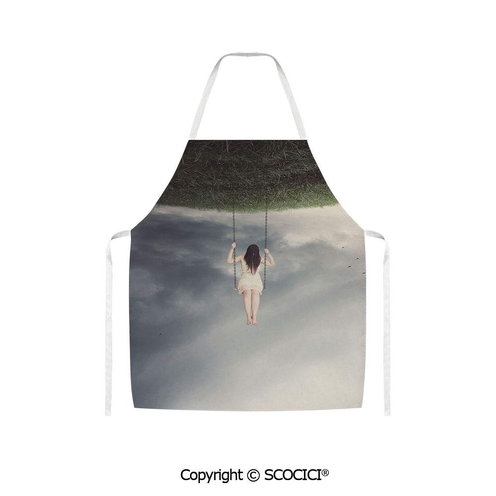SCOCICI Apron Upside World of A Sad Woman on The Swing Depression Picture Unisex Kitchen Apron for Cooking Baking Crafting Cleaning Painting Gardening & BBQ