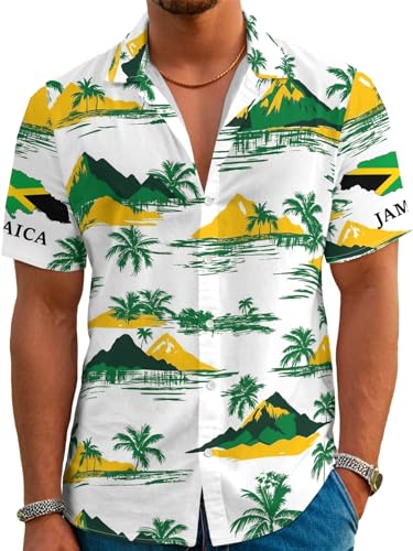Men's Hawaiian Shirt Jamaica Palm Trees Short Sleeve Casual Button Down Shirt White Novelty Print Tropical Beach Shirt