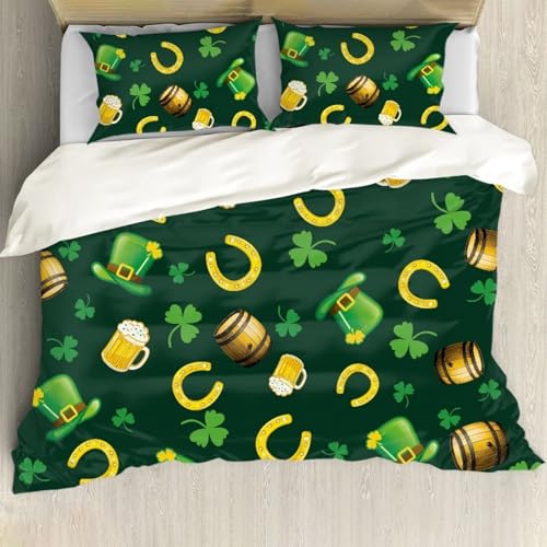 BIGCARJOB St Patrick Day Duvet Cover Sets for Men Him Funny Green Leaves Comforter Cover Set with Pillow Covers St Patrick Day Bedding Set Soft Microfiber Quilt Cover Twin Size
