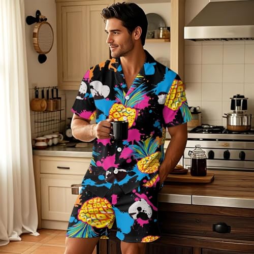 Mens Pajama Set Short Sleeve Fashion 2 PCS Sleepwear Button Down Soft Loungewear3