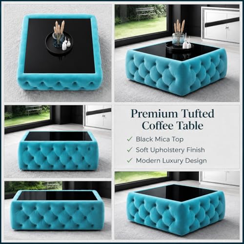 Image of Premium Tufted Upholstered Coffee Table with Mica Top - Modern Square Ottoman Center Table, Soft Velvet Finish, Luxury Living Room Furniture - 30 x 30 x 18 Inch (Sea Blue)