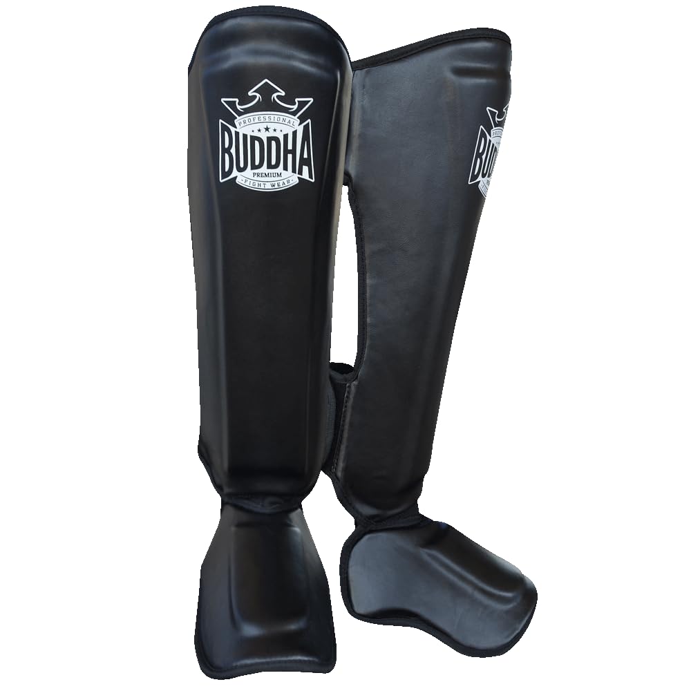 BUDDHA FIGHT WEAR – Episches Modell der Schienbeinschoner für Muay Thai, MMA und Kickboxen – Hergestellt aus Kunstleder der neuesten Generation – Widerstandsfähigere & verstärkte Nähte –Schwarz –XL