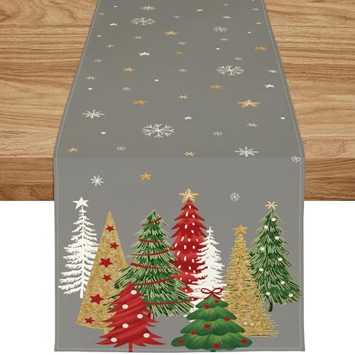 ZWJD Camino de Mesa Navideño 40x180 Moderno Gris con Árboles de Navidad y Copos de Nieve, Decoración Festiva para Mesa Invernal, Ideal para Fiestas, Comedor y Sala de Estar