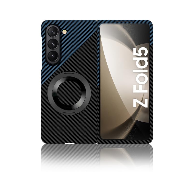Protection Galaxy Z Fold 5 5G antichoc légère avec béquille arrière et texture carbone bleu