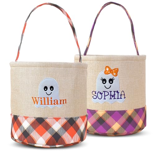 Personalized Halloween Trick or Treat Bag with Name Custom Embroidered Candy Bucket for Kids Cute Ghost Design Basket Reusable Fabric Canvas Pumpkin Tote Gifts for Boys & Girls (Ghost)