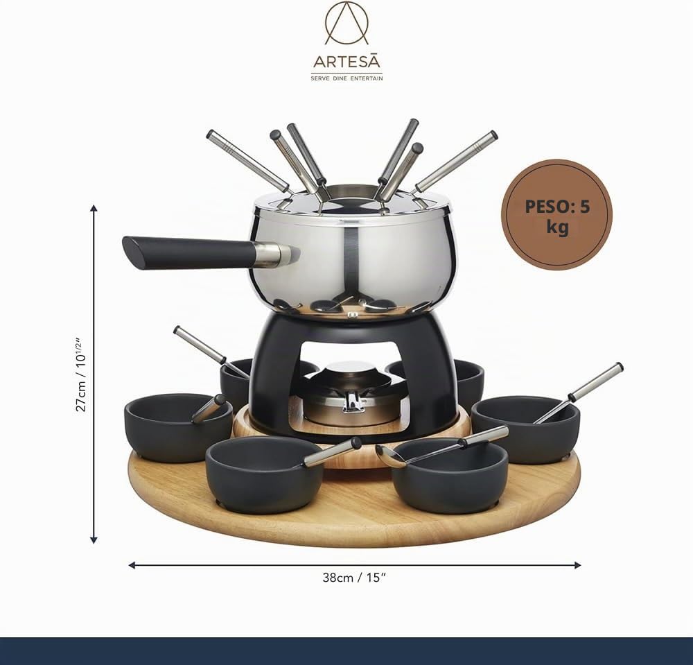 Artesà Juego de Fondue con Plato Giratorio Lazy Susan, Olla de Fondue de Acero Inoxidable con Quemador, Recipientes y Utensilios, Juego de 22 Piezas, Negro