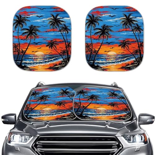 Image of 2 PCS Windshield Sun Shade Foldable Palm Trees Sunset Car Front Window Cover Sun Visor UV Rays Blocker Automotive Interior Accessories Sun Protection