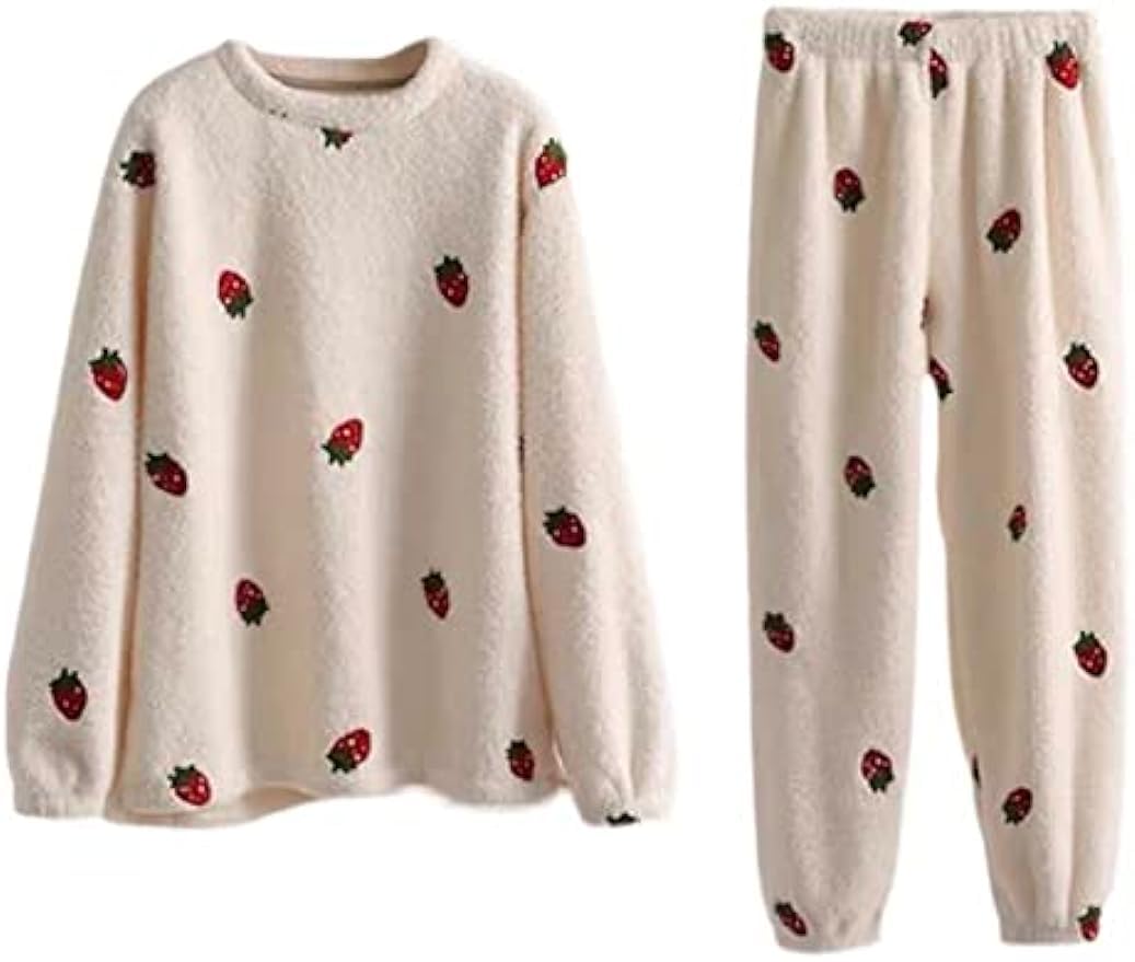 Cimvide Womens Pajama Sets Kawaii Strawberry Cute Pjs Sleepwear Soft Fleece Pullover Fuzzy Pajamas Pants Preppy Loungewear