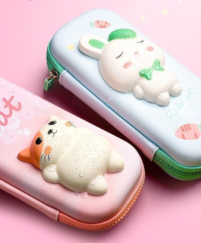 Image of 3D Pink Rabbit Pencil Box with Cute Squishy for Boys for Girls and Kids for School 3D Embossed Pencil Zipper Pouch Storage Box Pencil case (Small Cute Pink Rabbit)