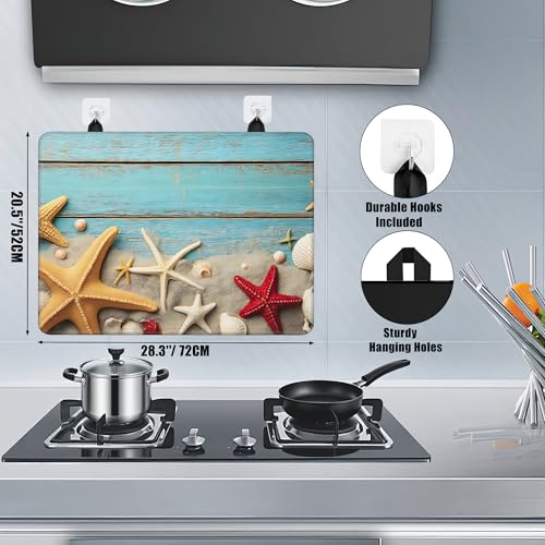Image of Starfish Seashells Stove Top Covers for Electric Stove,Blue Wood Board Glass Top Stove Cover, Heat Resistant Range Covers for Electric Stove,Washable Countertop Mat, 28 x 20 Inch