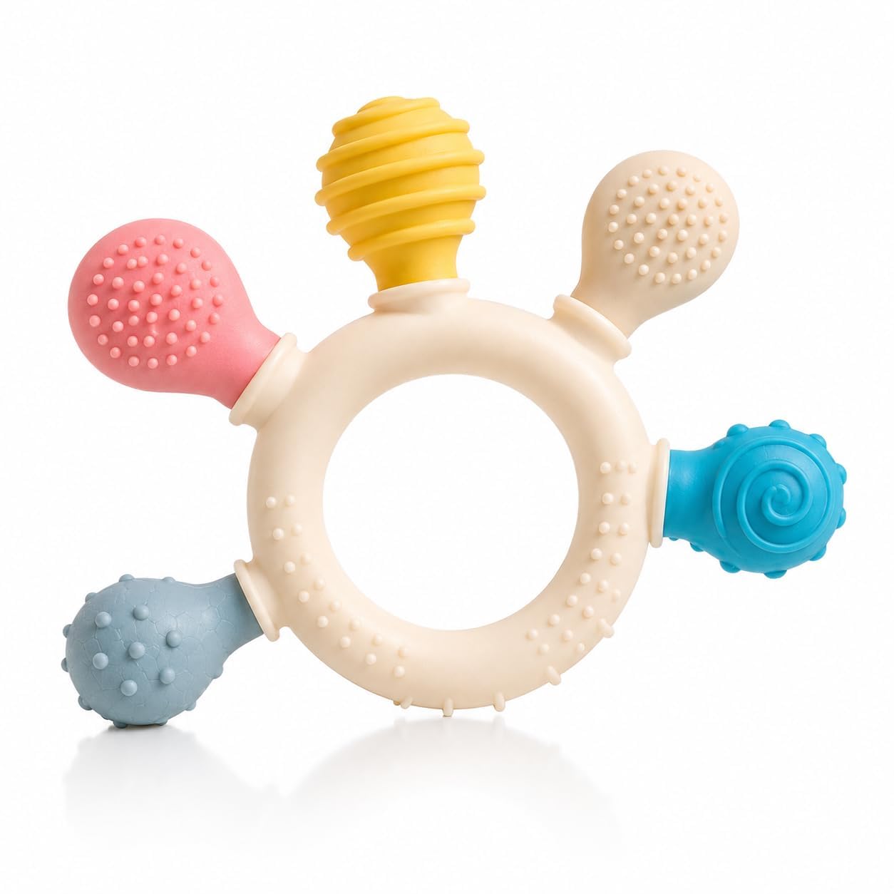 multi-texture baby teether ring – food grade silicone & natural beech wood teething toy for babies 3-12 months – bpa free infant sensory soother, gum relief chew ring with textures