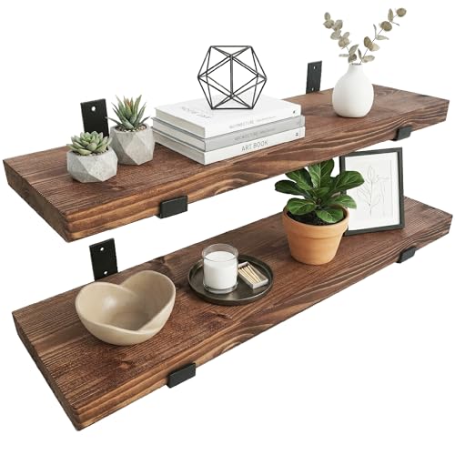 Image of Top Notch Home & Living Pack of Two Handcrafted Rustic Wooden Wall Shelves, Incl 2 Up Brackets per Shelf, Wood Shelf Made in the UK from Solid Timber, Heavy Duty for Kitchen, Bathroom & Living Room